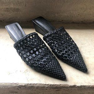 ZARA WOVEN WIDE WEDGE HEEL BLACK MULES SHOES 7.5